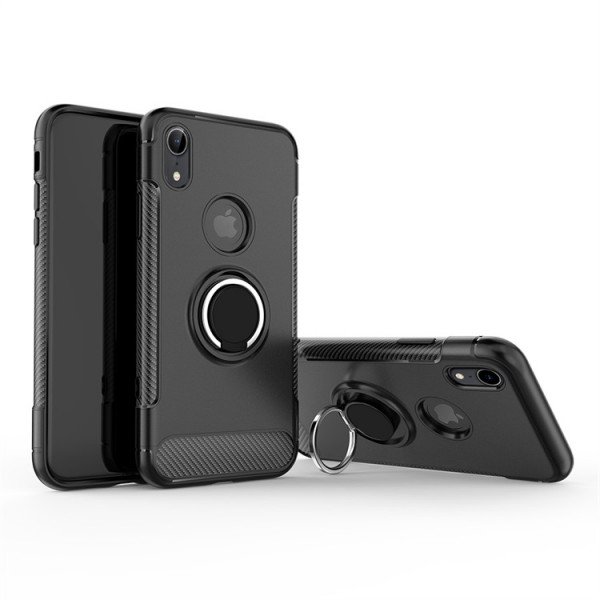 Wholesale iPhone Xr 6.1in 360 Rotating Ring Stand Hybrid Case with Metal Plate (Black)